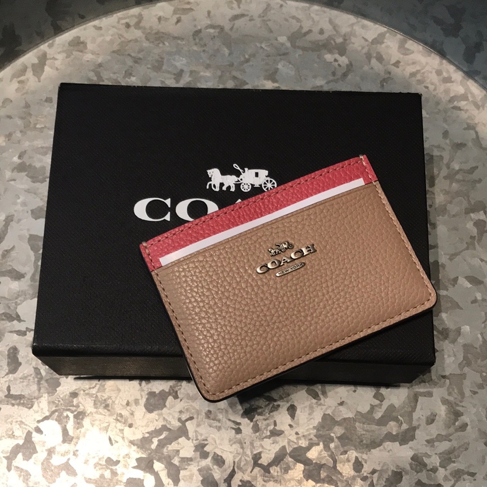 NWT Coach Neutral Tan Beige and Fuschia Pink ID Case Card Holder Slim Wallet